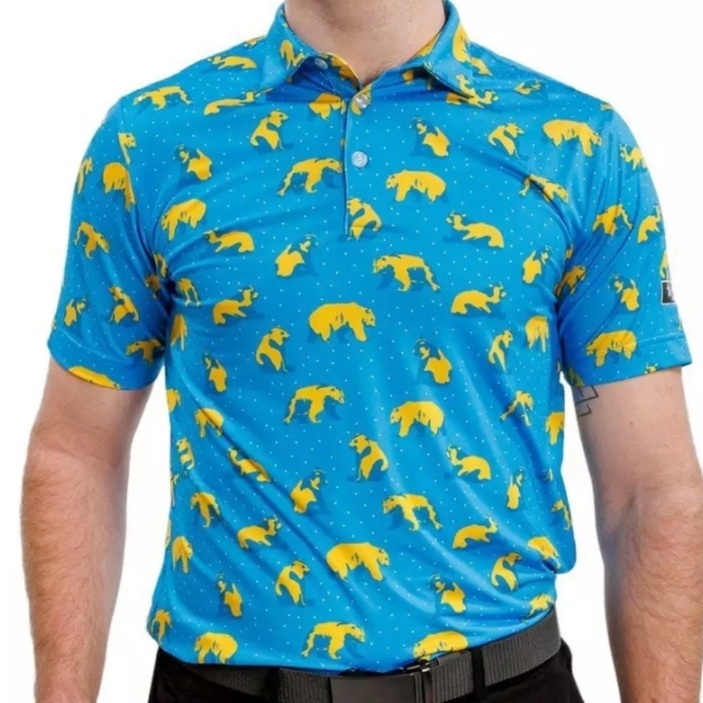 Waggle Polo Golf Performanxe Shirt Short Sleeve Golden Bear Yellow Blue Size L